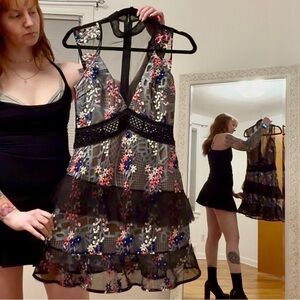 Self-Portrait Black and Gray Ruffled Tiered Mini Dress